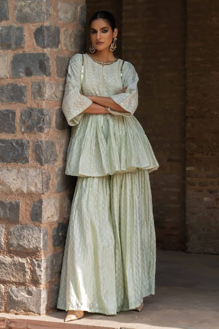 Preevin_Mint Chanderi Silk Sequins Carpet Front Open Peplum Set With Embroidered Dupatta _at_Aza_Fashions