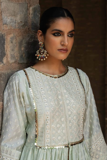 Buy_Preevin_Mint Chanderi Silk Sequins Carpet Front Open Peplum Set With Embroidered Dupatta 