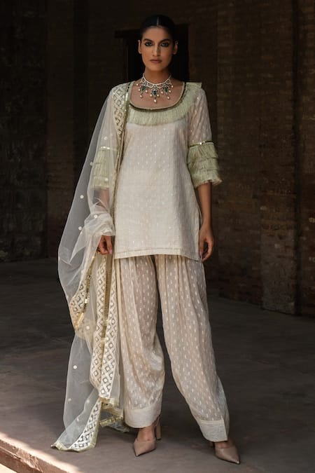 Preevin Off White Cotton, Tulle Sequins, Embroidery Fringe Kurta And Farshi Salwar Set 