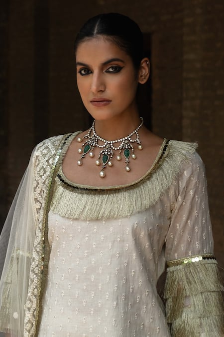 Buy Preevin Off White Cotton, Tulle Sequins, Embroidery Fringe Kurta And Farshi Salwar Set Online at Aza Fashions Buy_Preevin_Off White Cotton, Tulle Sequins, Embroidery Fringe Kurta And Farshi Salwar Set _Online_at_Aza_Fashions