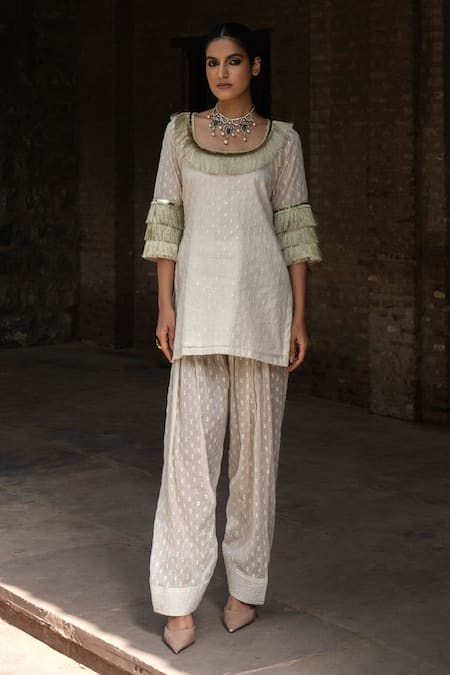 Shop Preevin Off White Cotton, Tulle Sequins, Embroidery Fringe Kurta And Farshi Salwar Set Online at Aza Fashions Shop_Preevin_Off White Cotton, Tulle Sequins, Embroidery Fringe Kurta And Farshi Salwar Set _Online_at_Aza_Fashions