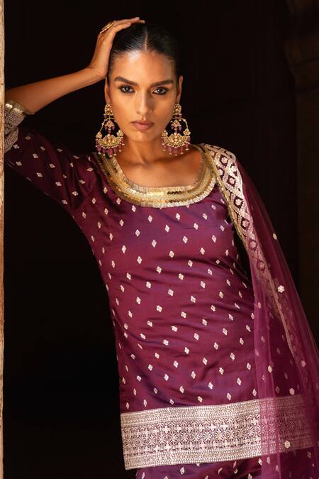 Preevin_Wine Chanderi Silk, Tulle Sequins, Big Border Straight Sharara Set With Dupatta _Online_at_Aza_Fashions