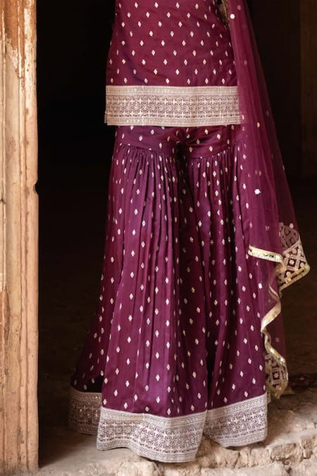 Buy_Preevin_Wine Chanderi Silk, Tulle Sequins, Big Border Straight Sharara Set With Dupatta _Online_at_Aza_Fashions