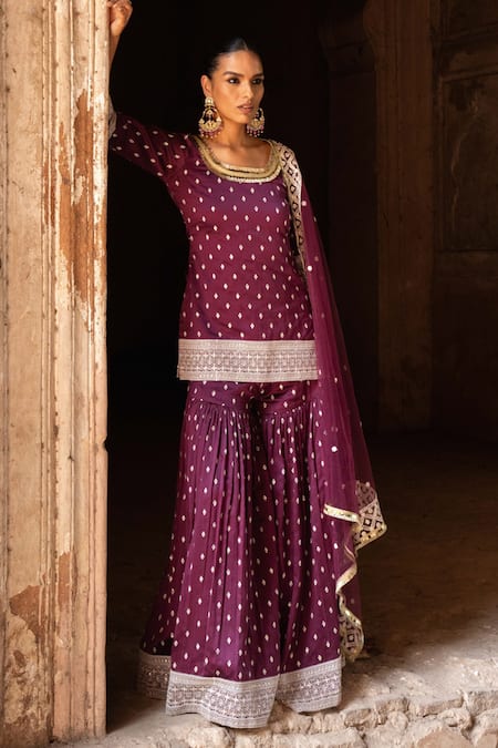 Shop_Preevin_Wine Chanderi Silk, Tulle Sequins, Big Border Straight Sharara Set With Dupatta _Online_at_Aza_Fashions