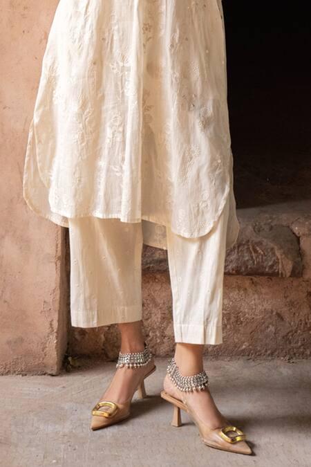 Preevin Off White Cotton Sequins, Embroidery Split Kurta With Pant Online at Aza Fashions Preevin_Off White Cotton Sequins, Embroidery Split Kurta With Pant _Online_at_Aza_Fashions