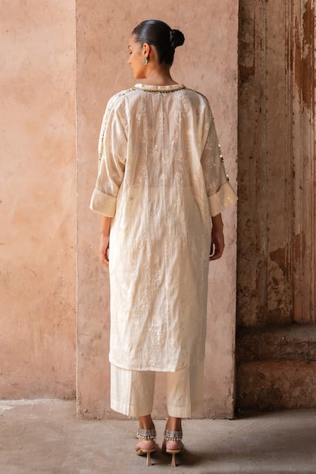 Shop Preevin Off White Cotton Sequins, Embroidery Split Kurta With Pant at Aza Fashions Shop_Preevin_Off White Cotton Sequins, Embroidery Split Kurta With Pant _at_Aza_Fashions