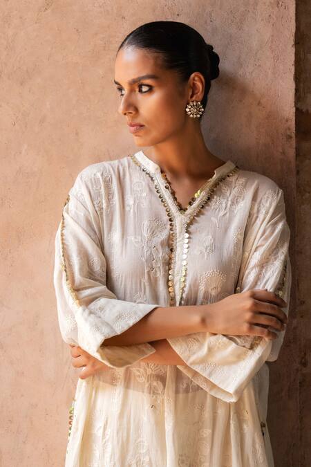 Preevin Off White Cotton Sequins, Embroidery Split Kurta With Pant at Aza Fashions Preevin_Off White Cotton Sequins, Embroidery Split Kurta With Pant _at_Aza_Fashions