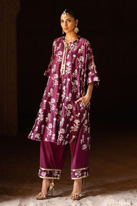 Preevin_Wine Chanderi Silk, Cotton Embroidery, Sequins Round Sunflower Kurta With Pant _Online_at_Aza_Fashions