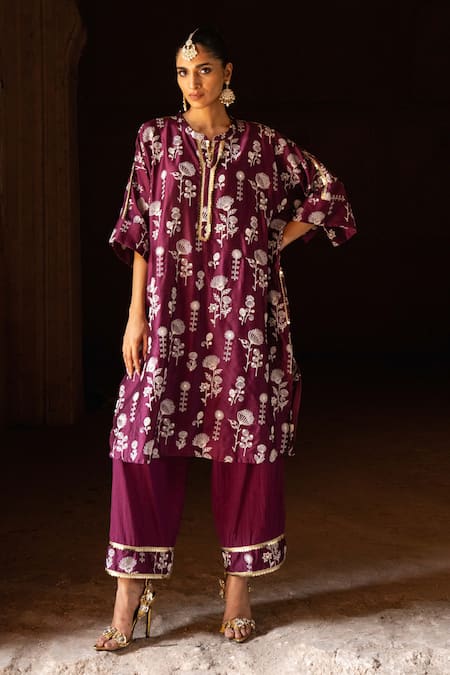 Buy_Preevin_Wine Chanderi Silk, Cotton Embroidery, Sequins Round Sunflower Kurta With Pant _Online_at_Aza_Fashions