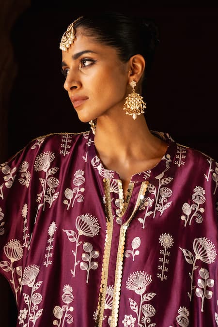 Shop_Preevin_Wine Chanderi Silk, Cotton Embroidery, Sequins Round Sunflower Kurta With Pant _Online_at_Aza_Fashions