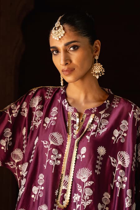 Preevin_Wine Chanderi Silk, Cotton Embroidery, Sequins Round Sunflower Kurta With Pant _at_Aza_Fashions