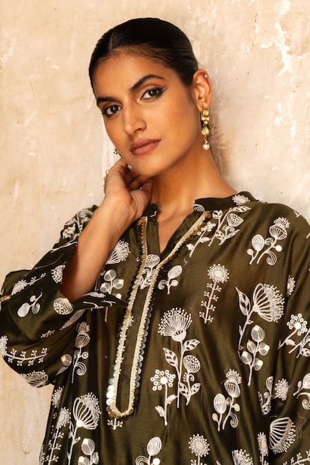 Shop_Preevin_Olive Green Chanderi Silk, Cotton Sequins Split Kurta Set _Online_at_Aza_Fashions