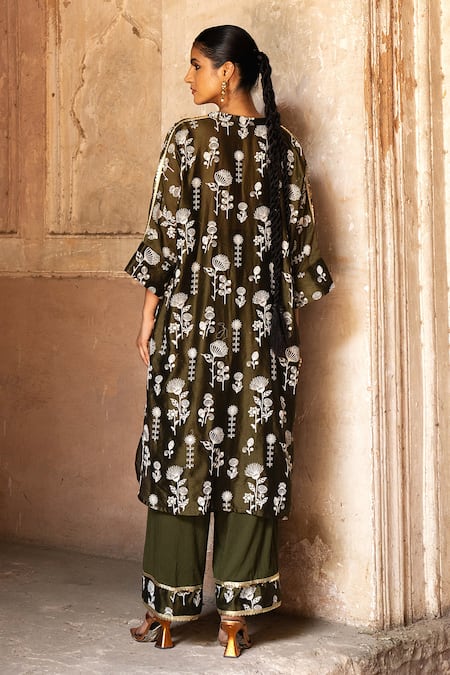 Preevin SUNFLOWER Olive Sunflower Chanderi Kurta Set 