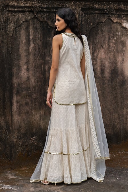 Preevin Off White Gold Dots Sharara Set With Embroidered Dupatta 