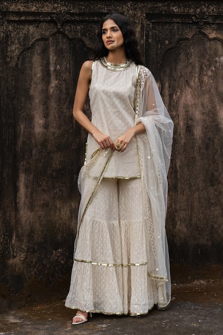 Preevin Off White Cotton, Tulle Sequins, Embroidery Gold Dots Sharara Set With Dupatta 