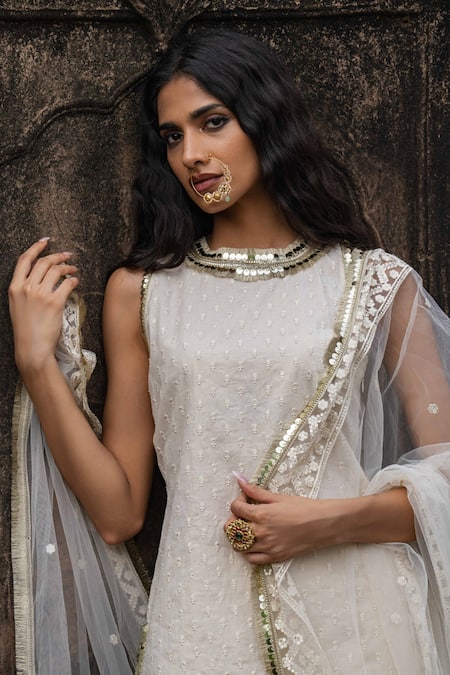 Buy_Preevin_Off White Cotton, Tulle Sequins, Embroidery Gold Dots Sharara Set With Dupatta _Online_at_Aza_Fashions