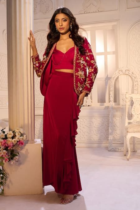 Aariyana Couture Red Silk Organza, Satin, Lycra, Crepe Embroidery Open Jacket And Draped Skirt Set 
