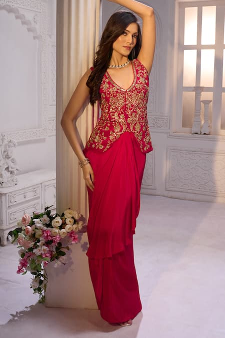 Aariyana Couture_Red Crepe Embroidery V-neck Hand Jacke And Draped Skirt Set _at_Aza_Fashions