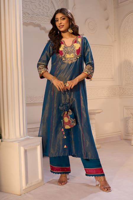Buy_Aariyana Couture_Blue Tissue, Linen, Satin Embroidery, Tassels Split V-neck Kurta And Pant Set_Online_at_Aza_Fashions