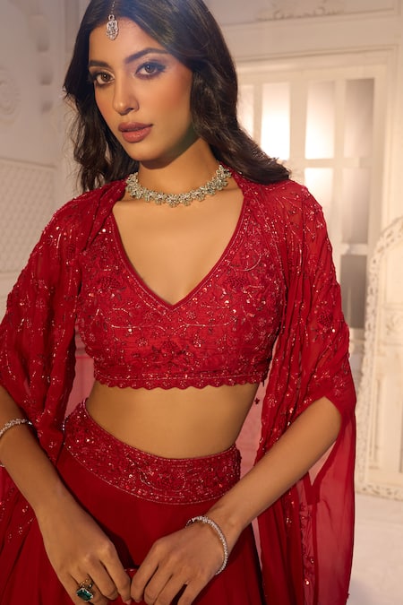 Aariyana Couture_Red Tussar, Silk, Viscose, Organza Embroidery, Sequins V-neck, Cape Lehenga Set_Online_at_Aza_Fashions