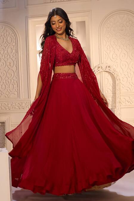 Shop_Aariyana Couture_Red Tussar, Silk, Viscose, Organza Embroidery, Sequins V-neck, Cape Lehenga Set_Online_at_Aza_Fashions