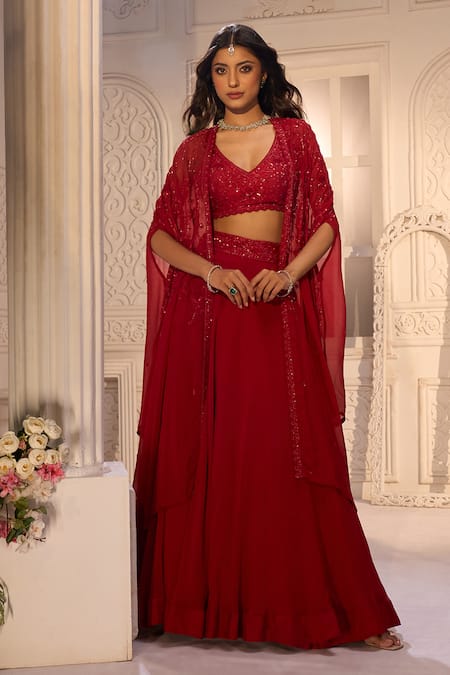 Aariyana Couture_Red Tussar, Silk, Viscose, Organza Embroidery, Sequins V-neck, Cape Lehenga Set_at_Aza_Fashions