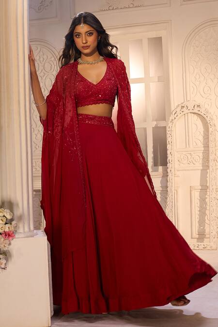 Shop_Aariyana Couture_Red Tussar, Silk, Viscose, Organza Embroidery, Sequins V-neck, Cape Lehenga Set