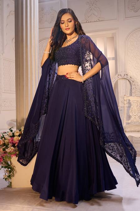 Buy_Aariyana Couture_Blue Tussar, Silk, Crepe Embroidery Round , Open Cape Lehenga Set_Online_at_Aza_Fashions