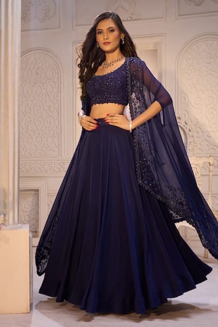 Aariyana Couture_Blue Tussar, Silk, Crepe Embroidery Round , Open Cape Lehenga Set_at_Aza_Fashions