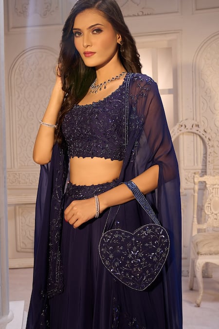 Shop_Aariyana Couture_Blue Tussar, Silk, Crepe Embroidery Round , Open Cape Lehenga Set