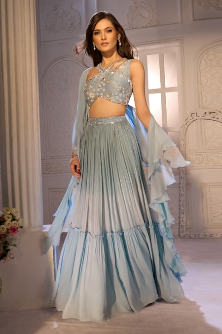 Buy_Aariyana Couture_Blue Net, Georgette Beads Ruched Shimmer Skirt Set With Ruffle Dupatta _Online_at_Aza_Fashions