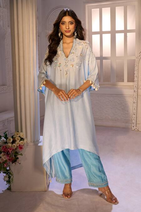 Buy_Aariyana Couture_Blue Silk, Crepe, Tussar, Georgette Embroidery V-neck Kaftan Pant Set _Online_at_Aza_Fashions