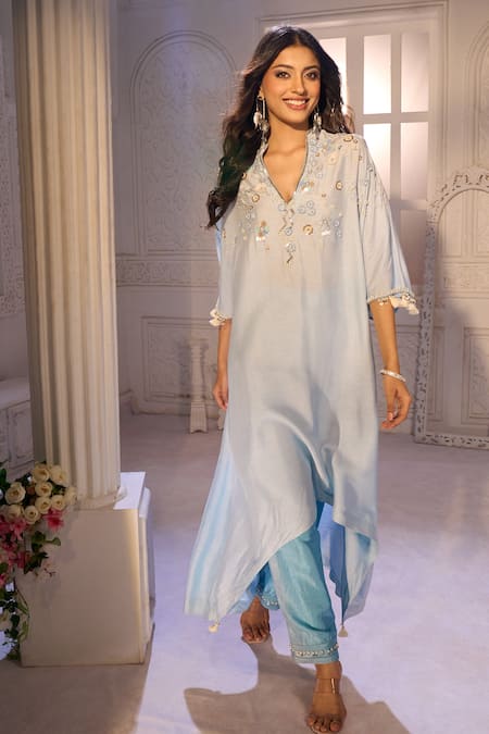 Shop_Aariyana Couture_Blue Silk, Crepe, Tussar, Georgette Embroidery V-neck Kaftan Pant Set _Online_at_Aza_Fashions