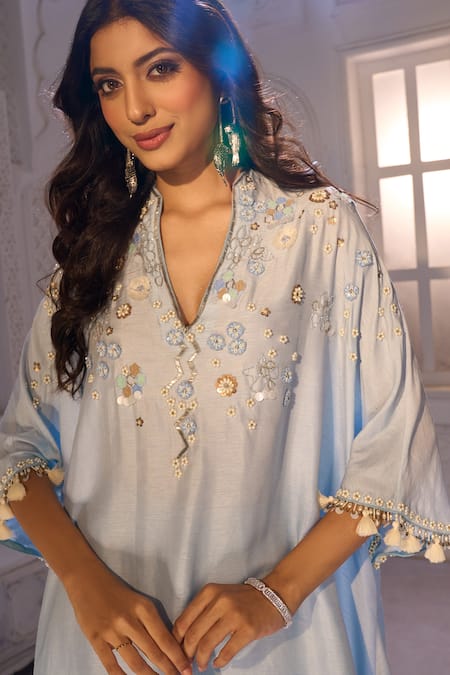 Buy_Aariyana Couture_Blue Silk, Crepe, Tussar, Georgette Embroidery V-neck Kaftan Pant Set 