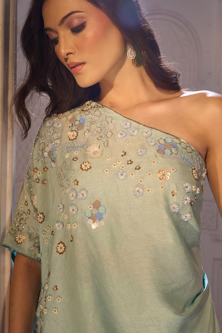 Buy_Aariyana Couture_Blue Silk, Crepe, Tussar, Georgette One Shoulder Draped Kurta And Pant Set _Online_at_Aza_Fashions
