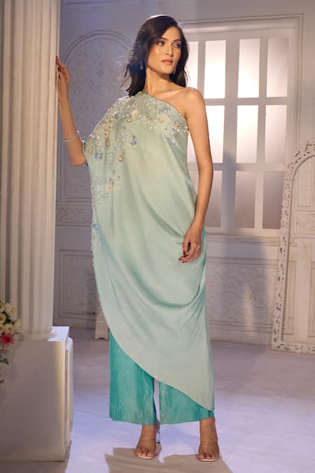 Aariyana Couture_Blue Silk, Crepe, Tussar, Georgette One Shoulder Draped Kurta And Pant Set _at_Aza_Fashions