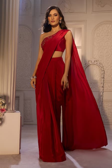 Aariyana Couture_Red Viscose, Crepe Embroidery Pre-draped Saree With One Shoulder Bustier _at_Aza_Fashions