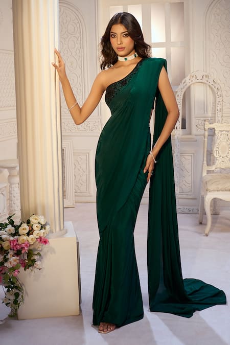 Buy_Aariyana Couture_Green Viscose, Crepe Embroidery One Shoulder Pre-draped Saree With Bustier _Online_at_Aza_Fashions