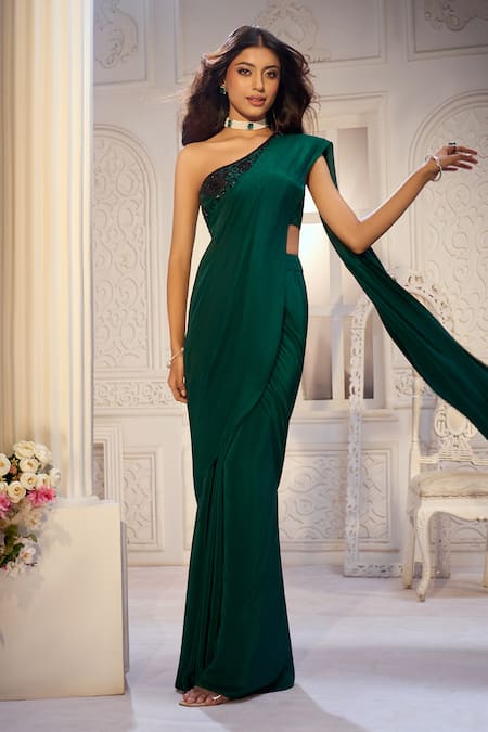 Shop_Aariyana Couture_Green Viscose, Crepe Embroidery One Shoulder Pre-draped Saree With Bustier _Online_at_Aza_Fashions