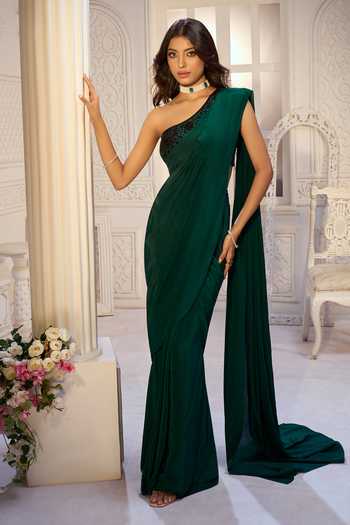 Aariyana Couture Green Viscose, Crepe Embroidery One Shoulder Pre-draped Saree With Bustier 9