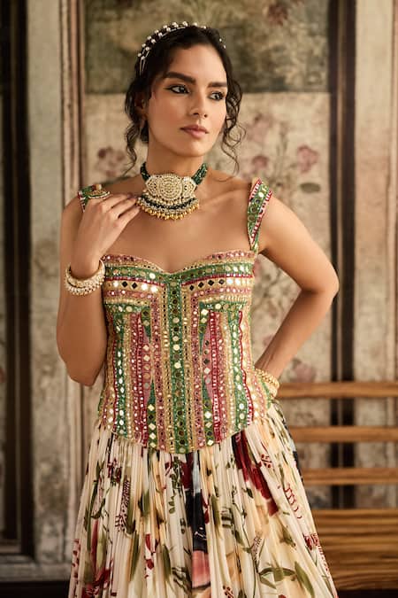 Diyarajvvir Ivory Tulle, Crepe, Georgette Beads, Sequins Sweetheart Floral Print Lehenga Set Online at Aza Fashions Diyarajvvir_Ivory Tulle, Crepe, Georgette Beads, Sequins Sweetheart Floral Print Lehenga Set _Online_at_Aza_Fashions