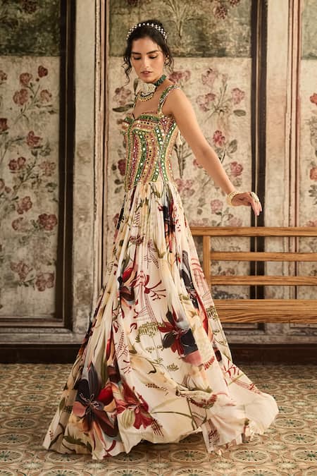 Buy Diyarajvvir Ivory Tulle, Crepe, Georgette Beads, Sequins Sweetheart Floral Print Lehenga Set Online at Aza Fashions Buy_Diyarajvvir_Ivory Tulle, Crepe, Georgette Beads, Sequins Sweetheart Floral Print Lehenga Set _Online_at_Aza_Fashions