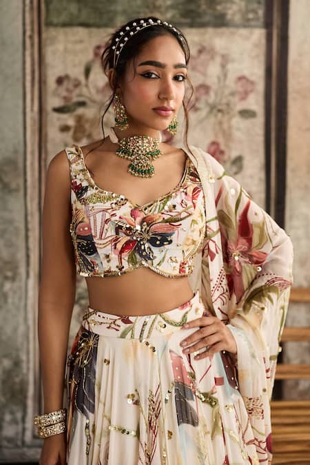 Diyarajvvir Ivory Crepe, Organza Sequins, Beads, Embroidery V-neck Floral Print Lehenga Set Online at Aza Fashions Diyarajvvir_Ivory Crepe, Organza Sequins, Beads, Embroidery V-neck Floral Print Lehenga Set _Online_at_Aza_Fashions