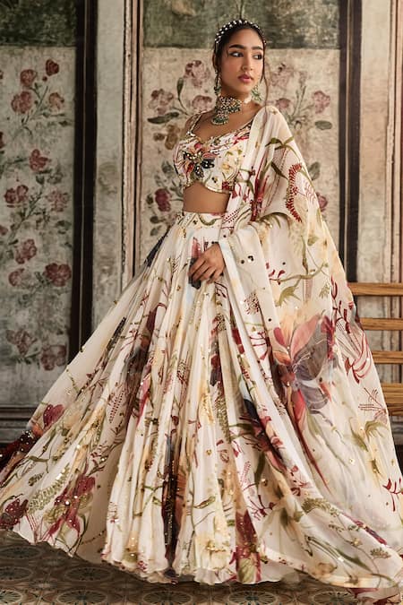 Diyarajvvir Ivory Crepe, Organza Sequins, Beads, Embroidery V-neck Floral Print Lehenga Set 