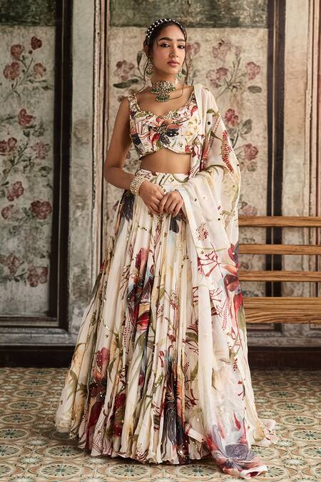 Buy Diyarajvvir Ivory Crepe, Organza Sequins, Beads, Embroidery V-neck Floral Print Lehenga Set Online at Aza Fashions Buy_Diyarajvvir_Ivory Crepe, Organza Sequins, Beads, Embroidery V-neck Floral Print Lehenga Set _Online_at_Aza_Fashions