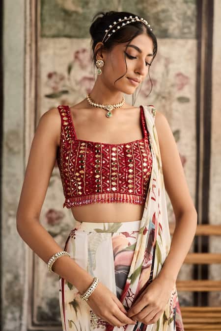 Diyarajvvir Ivory Tulle, Georgette Sequins, Beads Floral Print Lehenga Saree With Blouse Online at Aza Fashions Diyarajvvir_Ivory Tulle, Georgette Sequins, Beads Floral Print Lehenga Saree With Blouse _Online_at_Aza_Fashions