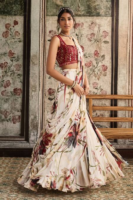 Buy Diyarajvvir Ivory Tulle, Georgette Sequins, Beads Floral Print Lehenga Saree With Blouse Online at Aza Fashions Buy_Diyarajvvir_Ivory Tulle, Georgette Sequins, Beads Floral Print Lehenga Saree With Blouse _Online_at_Aza_Fashions