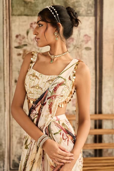 Diyarajvvir Ivory Crepe, Georgette Beads, Sequins Square Floral Print Pre-draped Saree Set Online at Aza Fashions Diyarajvvir_Ivory Crepe, Georgette Beads, Sequins Square Floral Print Pre-draped Saree Set _Online_at_Aza_Fashions