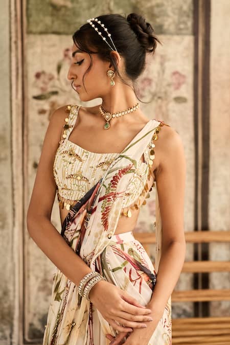 Buy Diyarajvvir Ivory Crepe, Georgette Beads, Sequins Square Floral Print Pre-draped Saree Set Online at Aza Fashions Buy_Diyarajvvir_Ivory Crepe, Georgette Beads, Sequins Square Floral Print Pre-draped Saree Set _Online_at_Aza_Fashions