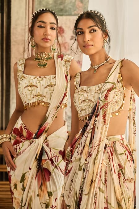 Shop Diyarajvvir Ivory Crepe, Georgette Beads, Sequins Square Floral Print Pre-draped Saree Set Online at Aza Fashions Shop_Diyarajvvir_Ivory Crepe, Georgette Beads, Sequins Square Floral Print Pre-draped Saree Set _Online_at_Aza_Fashions